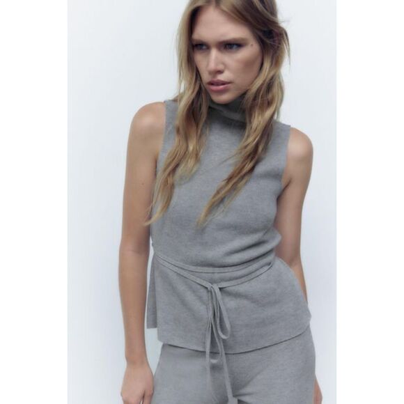 Gray Zara High-Neck Tie-Waist Sleeveless Soft Knit Top (NWT) - Picture 6 of 6